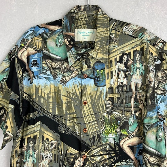 Sayulita Shirt Co. men size XL zombie girls cars short sleeve button up green - Picture 4 of 12
